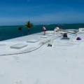 Roofers working on a white flat roof in the Florida Keys with palm trees in the background.