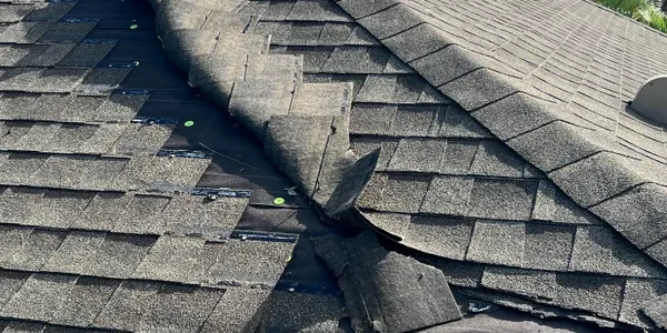 Hurricane_damaged_roof Hurricane damage from on a Florida Roof showing folded over shingles