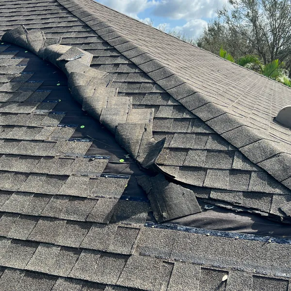 Hurricane damage from on a Florida Roof showing folded over shingles